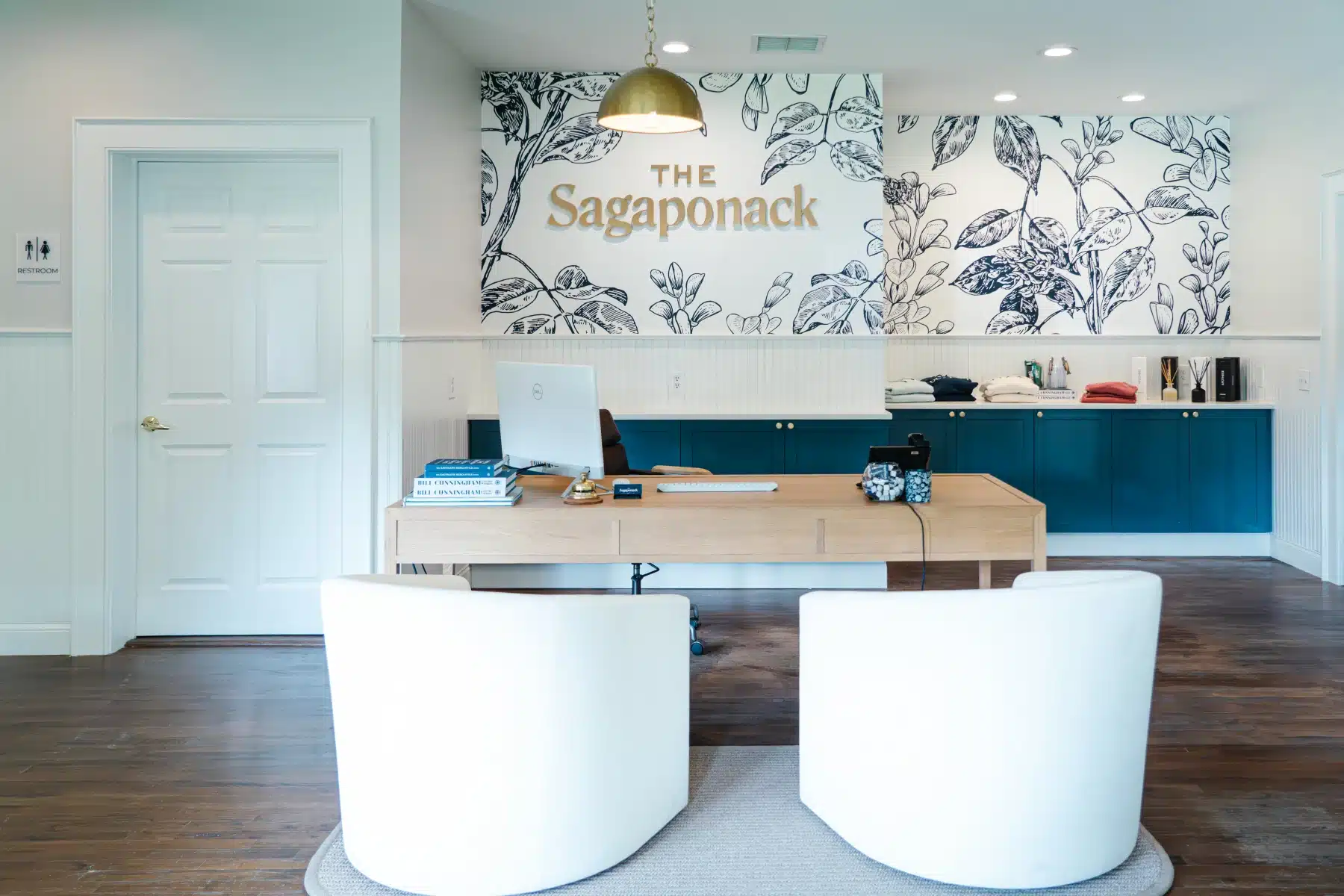 Boutique Hotel Renovation The Sagaponack in The Hamptons New York (59) Boutique hotel reception area at The Sagaponack in the Hamptons featuring elegant coastal interior design and modern seating.