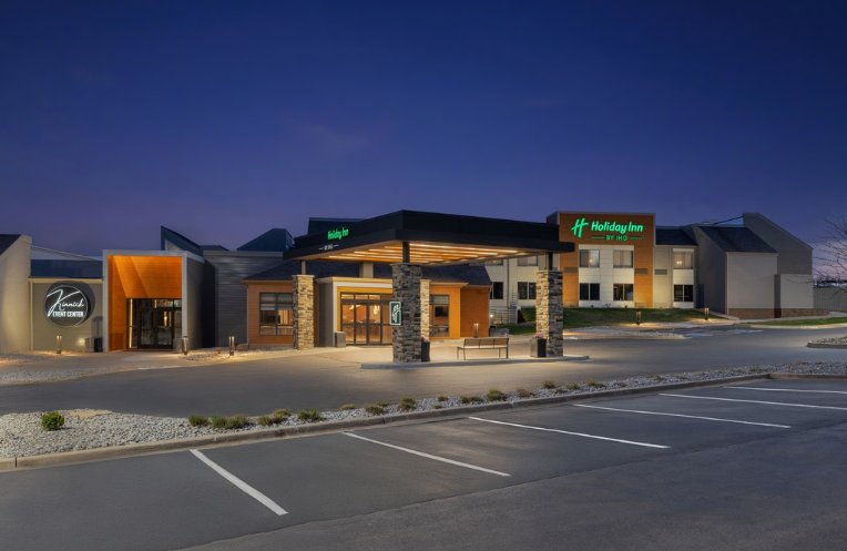 After exterior hotel porte cochère renovation of the holiday inn in coralville iowa