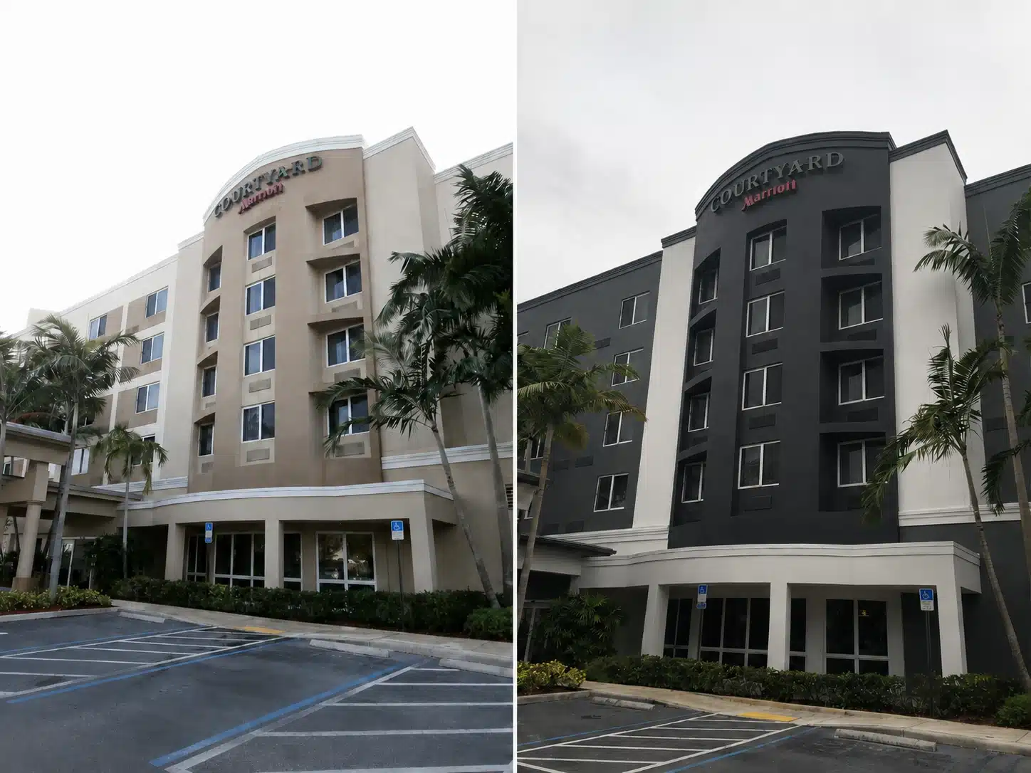 hotel-renovation-before-after-side-by-side Courtyard by Marriott hotel exterior before and after renovation in Miami, Florida